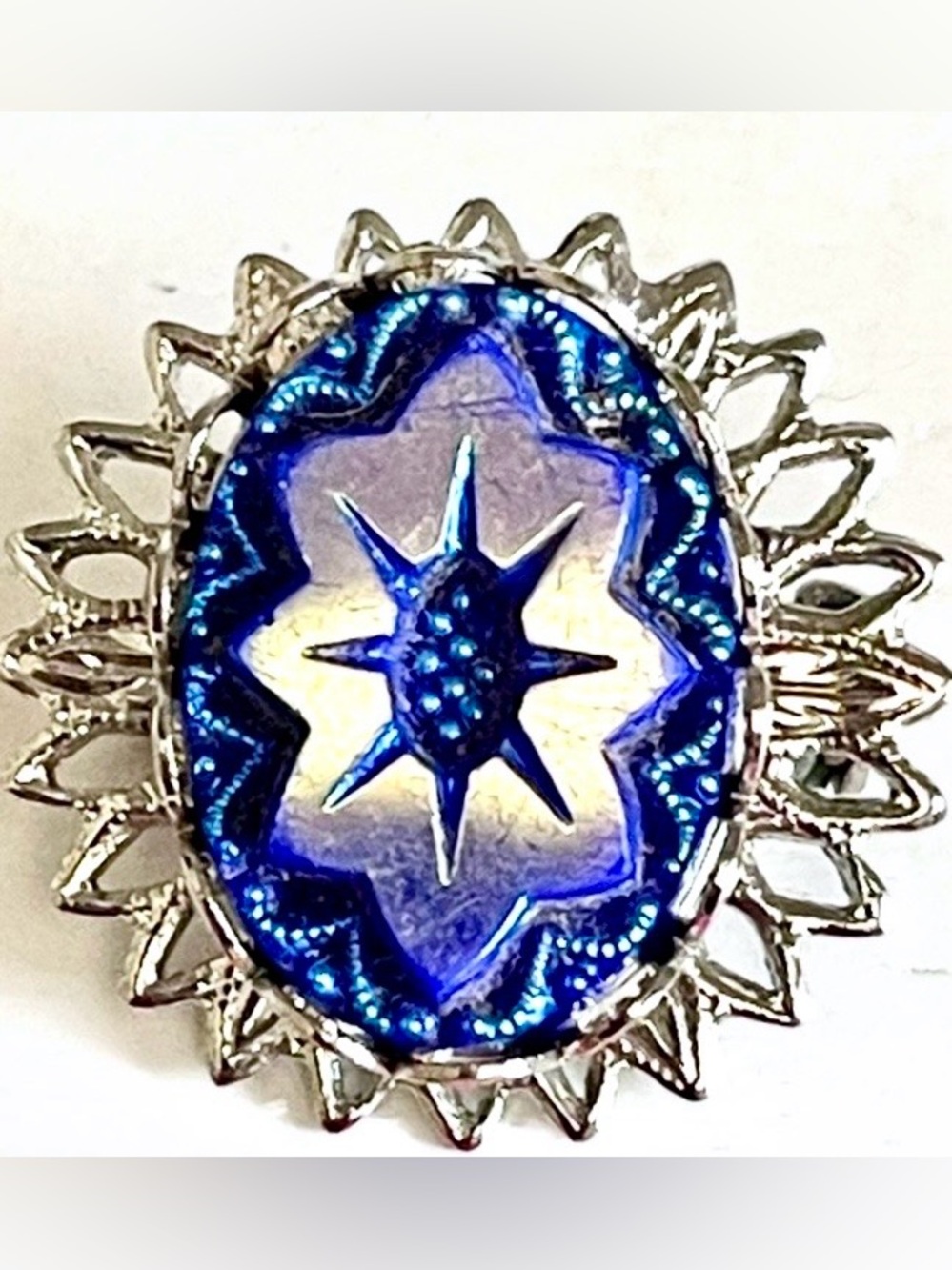 Vintage 1960s Iridescent Blue Art Glass Brooch Pin Atomic Starburst MCM Floral